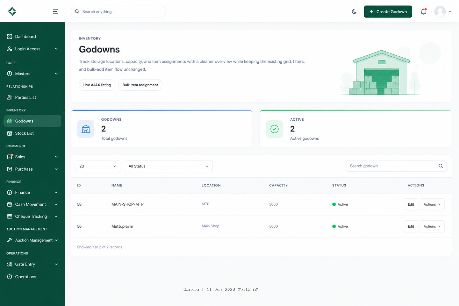 Godown and inventory management screenshot